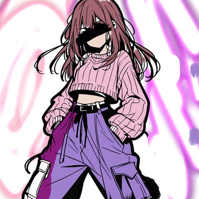 anime teen girl with baggy pants and crop top with sweater
