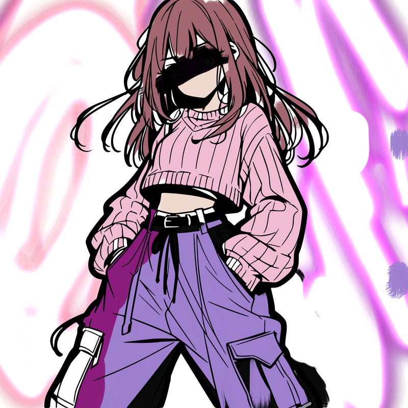 anime teen girl with baggy pants and crop top with sweater