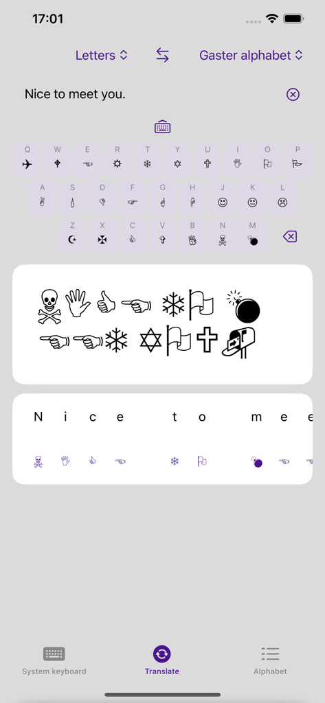 Gaster Dingbats - Tela do aplicativo Gaster Dingbats mostrando texto em inglês traduzido em símbolos Wingdings crípticos com uma interface de teclado personalizada.