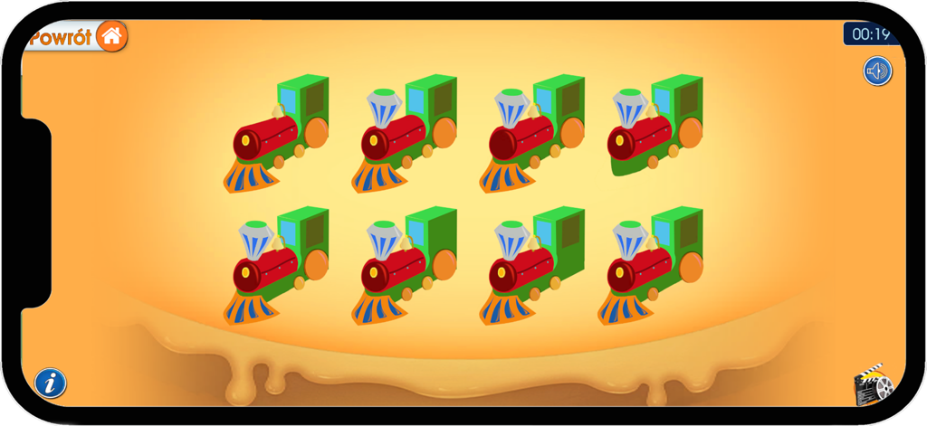 Kreatywny Brzdąc 01 - Educational logic game interface featuring rows of colorful toy trains for children