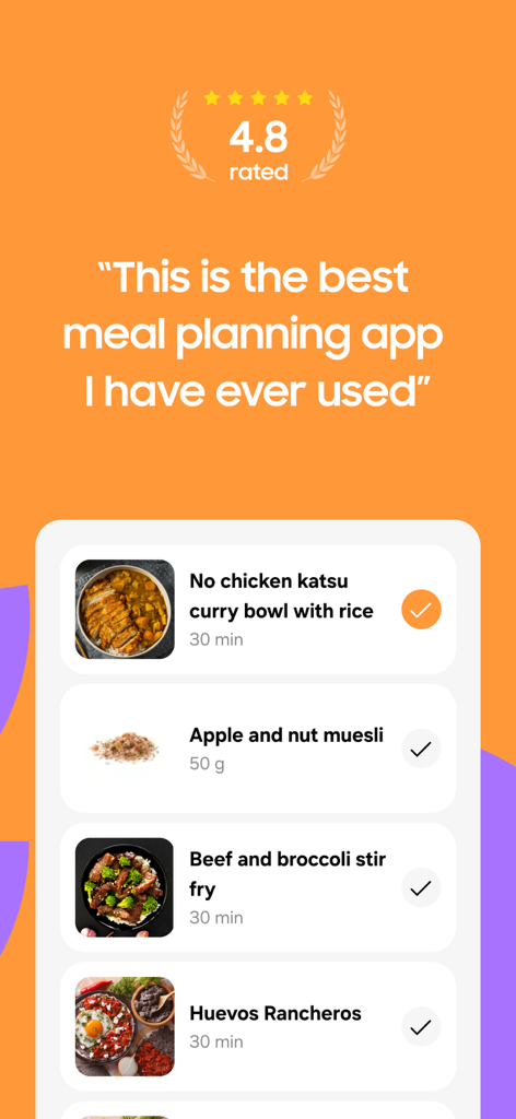 Samsung Food app screenshot showing a 4.8 star rating review and a list of recipes including beef stir fry and huevos rancheros