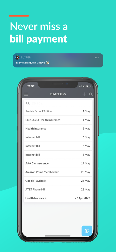 Buxfer mobile app showing a list of bill payment reminders including tuition and insurance.