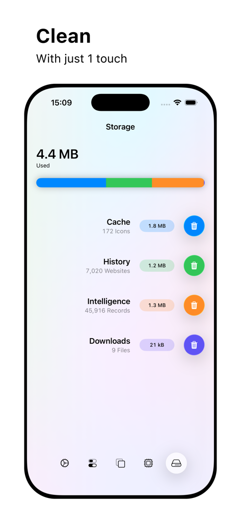 Web Browser - Storage management screen in the Web Browser app showing used memory and options to clear cache and history