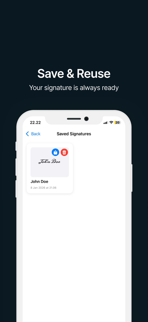 Signature Scanner ◦ eDocument - Mobile app screen showing a saved handwritten signature for John Doe with options to share or delete.