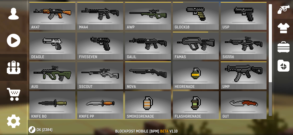 BLOCKPOST MOBILE - Uno schermo inventario armi in pixel art in Blockpost Mobile che mostra una varietà di pistole e granate.
