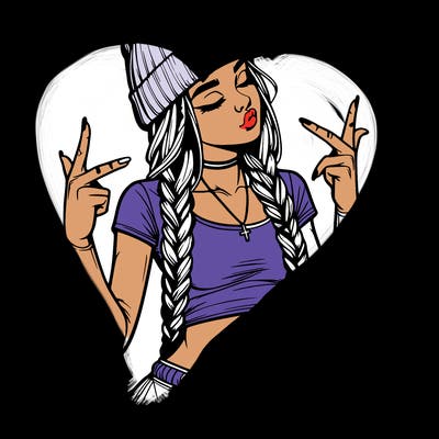 realistic teenage girl with braids and a beanie and crop top doing 🫶🏼