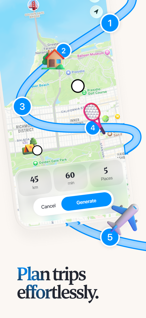 Placify - Map & Trip Planner - A mobile app screen for Placify showing a blue travel route connecting five locations on a map with trip duration and distance statistics.