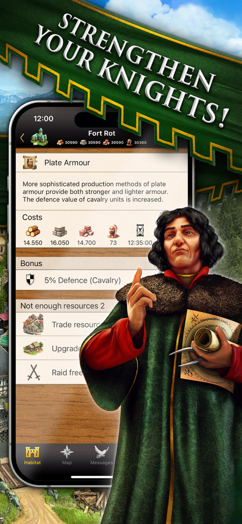 Lords & Knights - Mobile Kings - Lords and Knights mobile game screen showing plate armor research and character advisor.