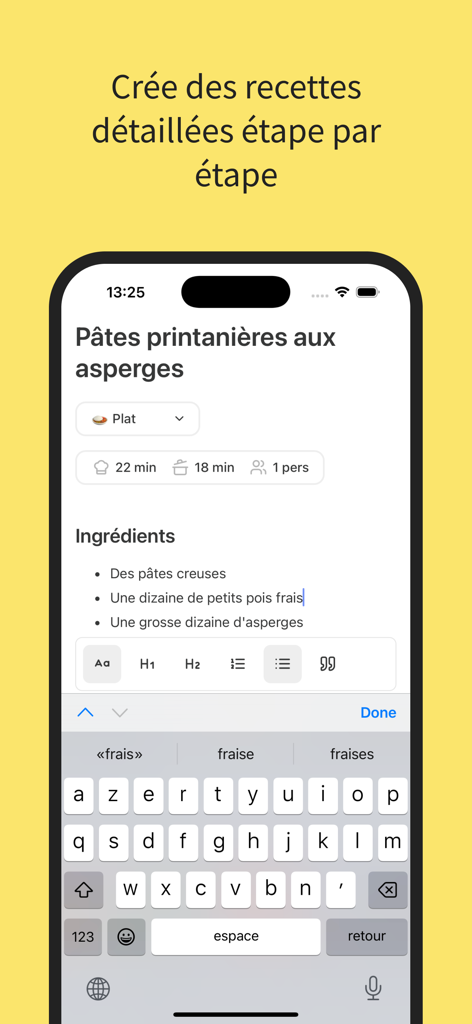 Miam : Livre de recettes - A smartphone screen showing the intuitive recipe editor in the Miam app with a list of ingredients for a pasta dish.