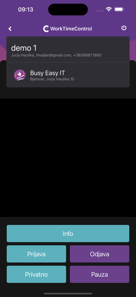 WorkTimeControl - WorkTimeControl app dashboard with clock-in and clock-out buttons for employees.