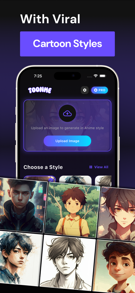 Cartoon Yourself Toonify - A mobile app interface displaying viral cartoon and anime styles for photo editing