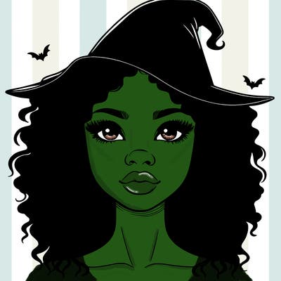 realistic black girl with wavy hair and witch hat and nose and lips
