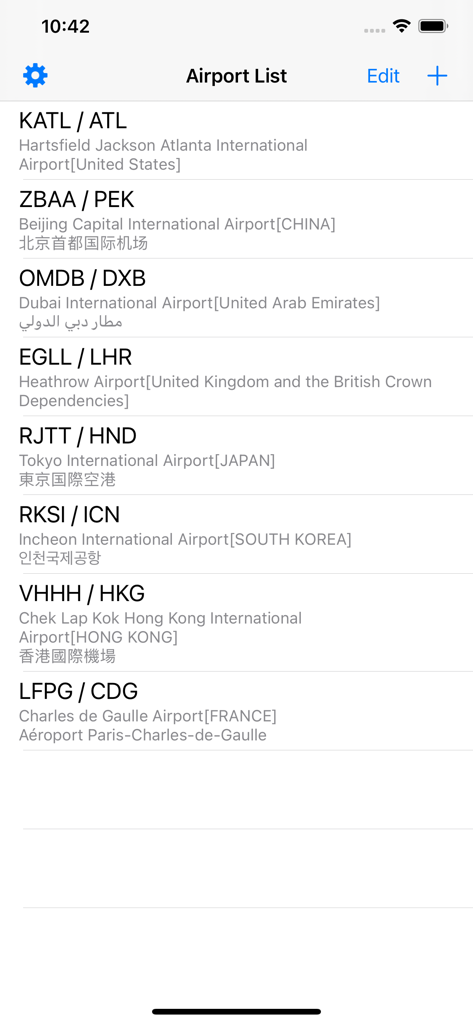 Past Weather for Aviation - A list of saved international airports within the Past Weather for Aviation app showing ICAO and IATA codes.