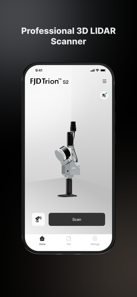 FJD Trion Scan - FJD Trion Scan app home screen showing the FJD Trion S2 professional 3D LIDAR scanner device and scan button