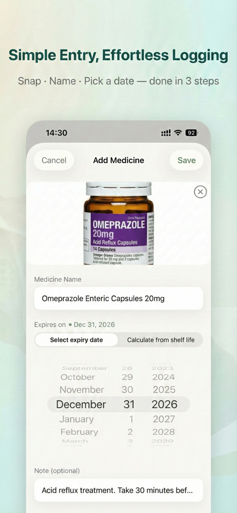 MedBay: Smart Medicine Cabinet - Tela do aplicativo MedBay mostrando o processo simples de 3 passos para adicionar um novo medicamento, incluindo foto, nome e data de validade