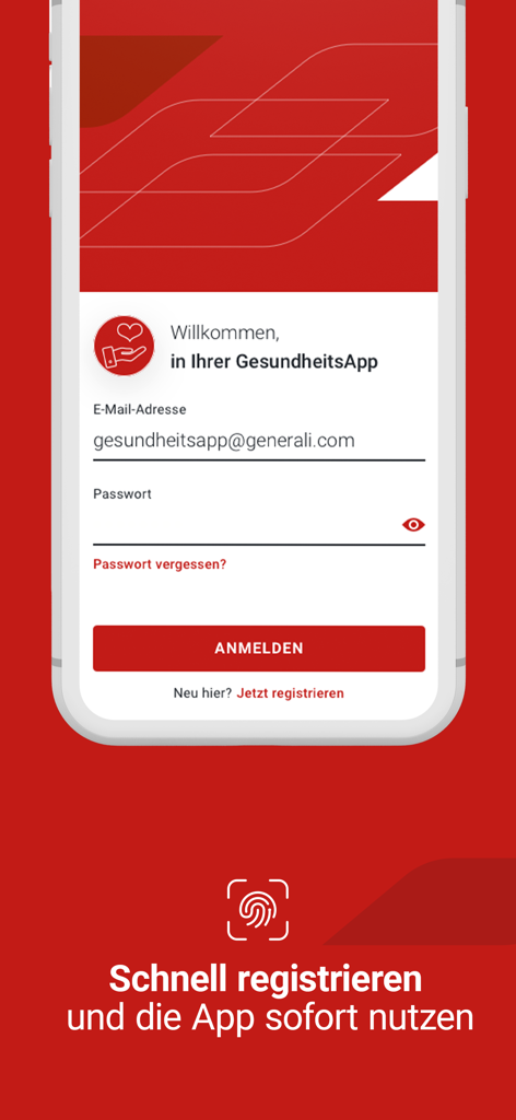 Generali GesundheitsApp login interface showing email and password fields with a quick registration option