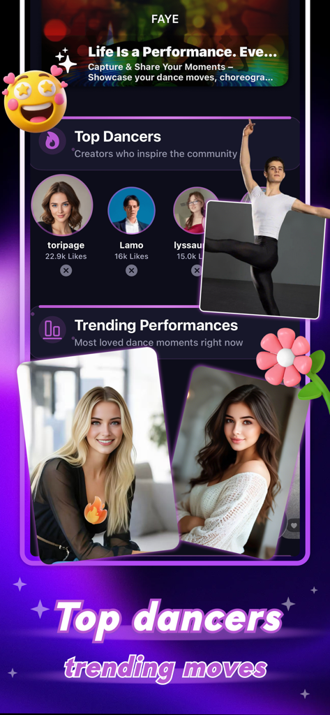 Faye - Chat&Social - Oberfläche der Faye-App, die Top-Tänzer und trendige Performance-Highlights anzeigt