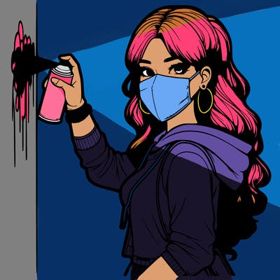 realistic girl with mask spray painting a wall