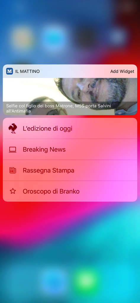 Il Mattino - Widget dell'app mobile Il Mattino con accesso rapido alle ultime notizie di oggi e all'oroscopo di Branko