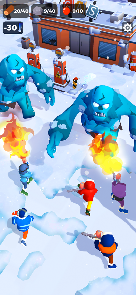 Frost Land Survival - Survivors using flamethrowers to fight giant blue ice monsters in a snowy landscape near a gas station in Frost Land Survival