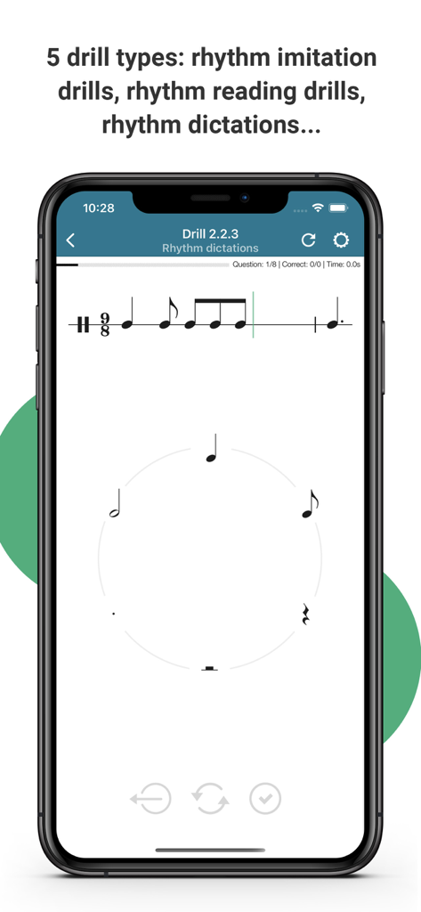 Smartphone screen showing a rhythm dictation drill with musical notation and an interactive note selection circle