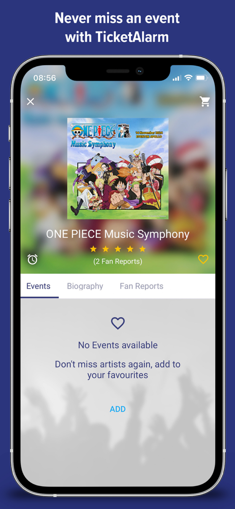 EVENTIM UK | Event Tickets - Screenshot of the EVENTIM UK app showing an artist page for ONE PIECE Music Symphony with a TicketAlarm feature prompt.
