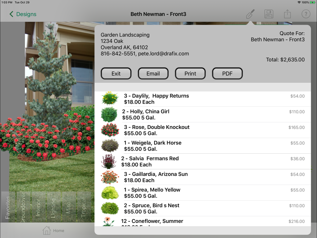 A landscape design proposal showing a list of plants and a price quote on a tablet screen