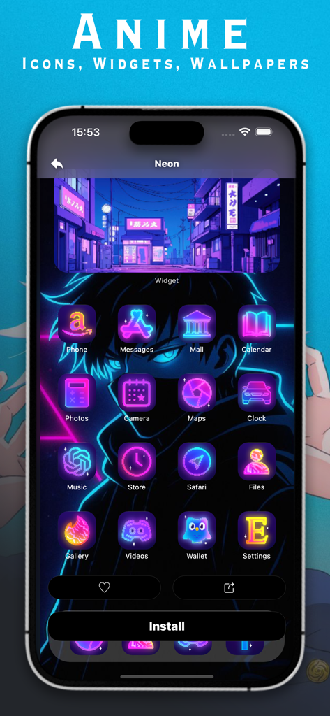 Anime Theme: Icons, Widgets - Neon-styled anime home screen theme with glowing icons and matching widgets.