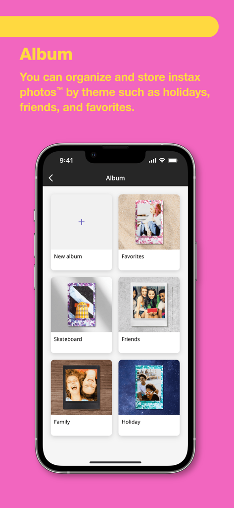 instax UP! -Scan instax photos - The album interface of the instax UP app showing photos organized by themes like favorites friends and family