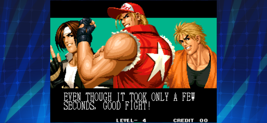 Pantalla de victoria en KOF 95 con los personajes Kyo, Terry y Ryo.
