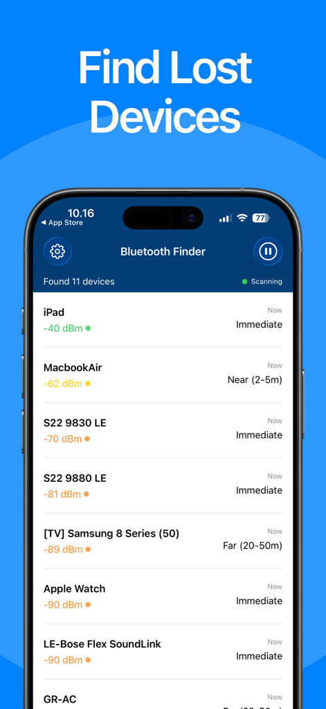 Bluetooth Device Finder • BLE - Bluetooth Device Finder app interface displaying a list of nearby detected devices with signal strength indicators