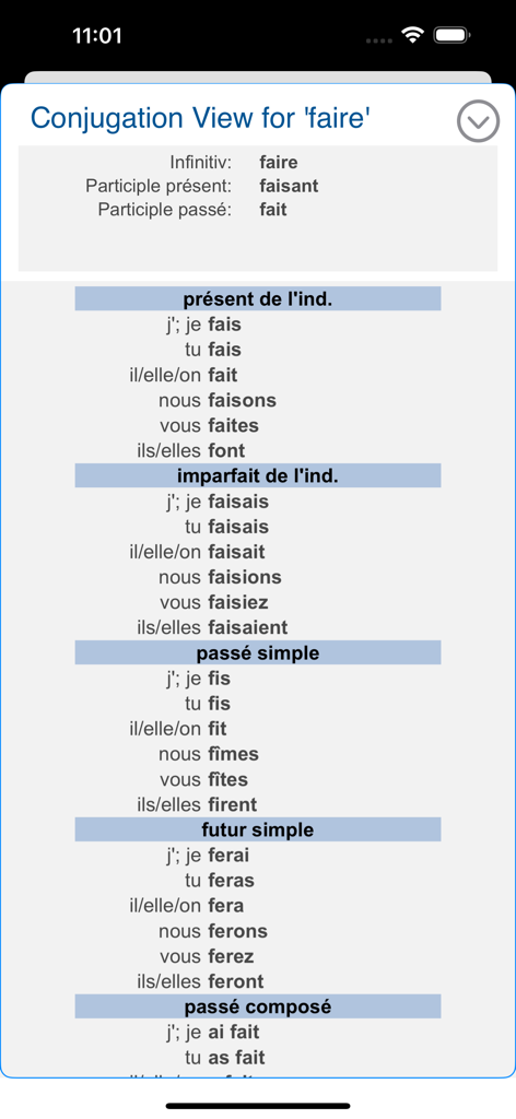 Verbes - French Verb Trainer - Liste de conjugaison du verbe français faire à différents temps