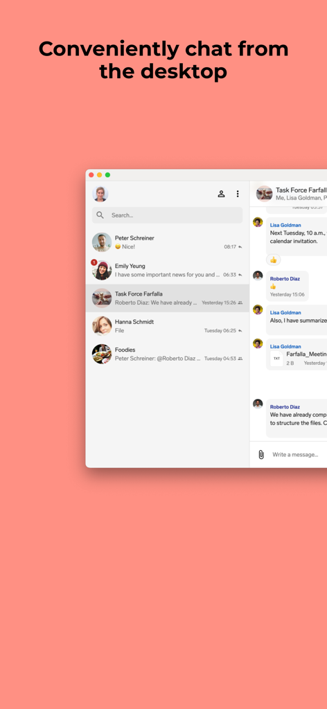 Interface de l'application de bureau Threema OnPrem affichant une discussion de groupe et une liste de contacts.
