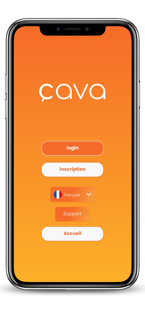 Tela de boas-vindas do aplicativo Cava.tn mostrando botões de login e registro
