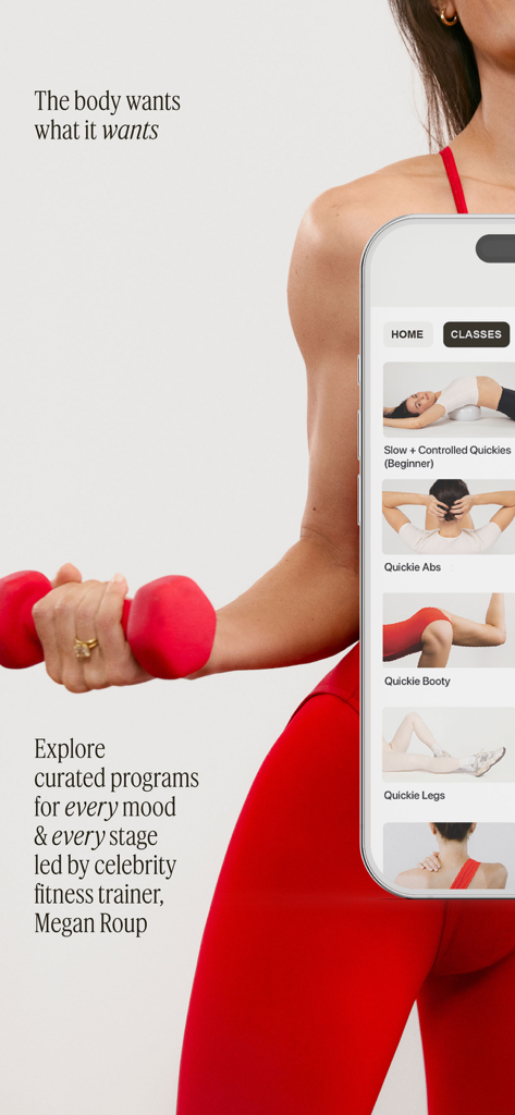 A smartphone showing The Sculpt Society app workout classes next to a woman holding a red dumbbell