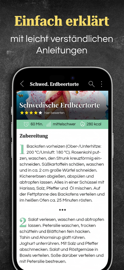 EAT CLUB – Rezepte & Kochen - Smartphone-Bildschirm mit nummerierten Kochhinweisen für eine Erdbeertorte in der EAT CLUB App
