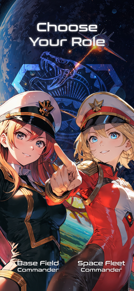 Dos comandantes de anime en la pantalla de selección de roles para los roles de Base de Campo y Flota Espacial en el juego SERPENT