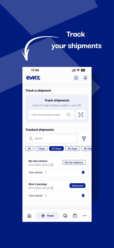 A mobile interface for the EMX Express app showing a tracking search bar and a list of tracked shipments with delivery status updates
