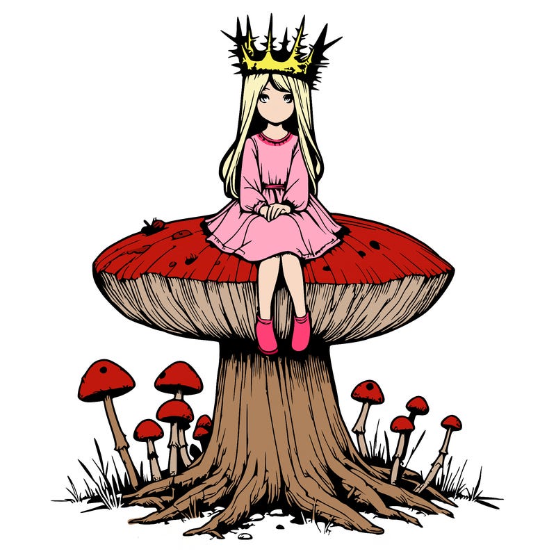 realistic girl sitting on a huge tree stump size toadstool with thorn crown