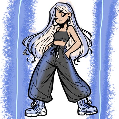 girl in baggy pants crop top and long hair