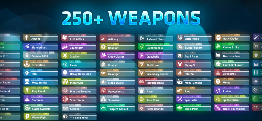 A display of over 250 different upgradable weapons in ShellShock Live
