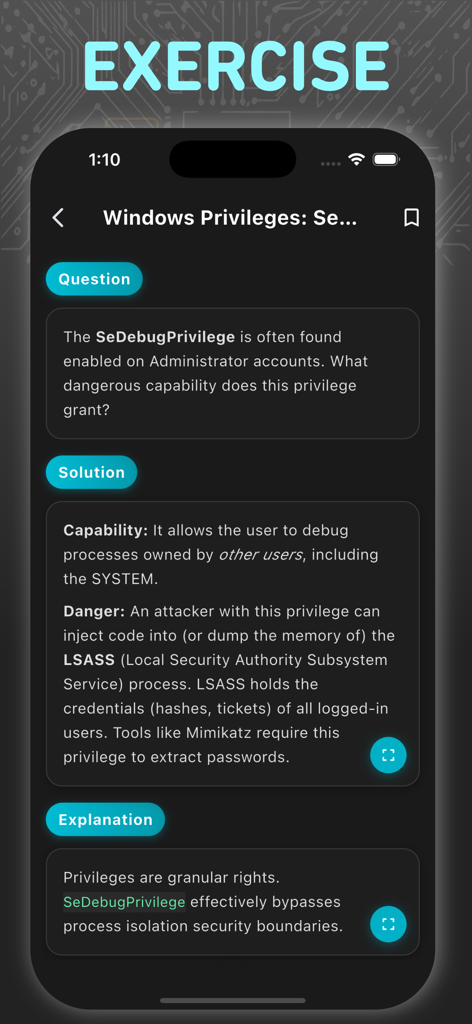 Cybersecurity Quiz App - Mobile app screen showing a cybersecurity exercise on Windows privileges with detailed explanations.