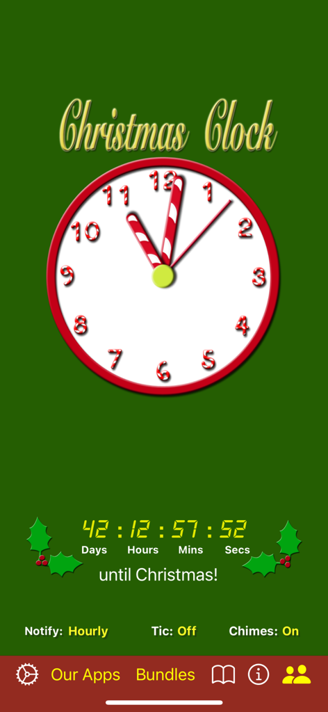 Christmas Clock - A festive analog clock with candy cane hands and a digital countdown to Christmas.