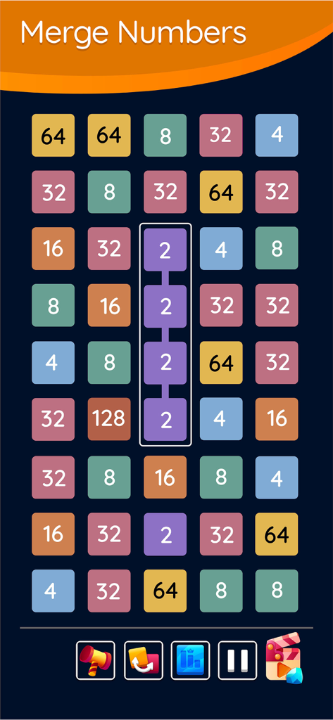 A colorful grid of numbered blocks in 2248 Number Puzzle with a vertical connection of number two tiles.