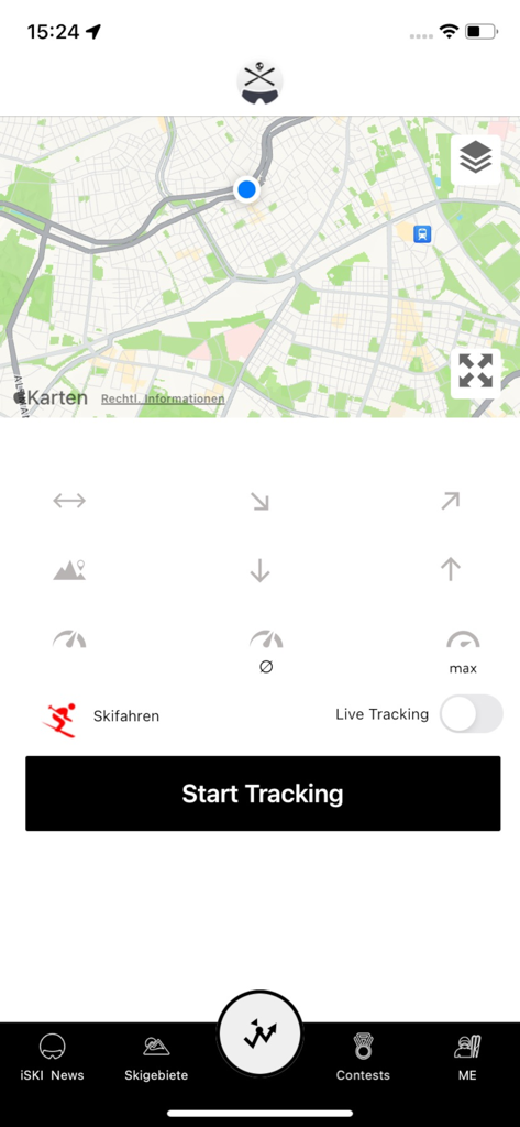 iSKI Slovakia app screen with map view and start tracking button for skiing