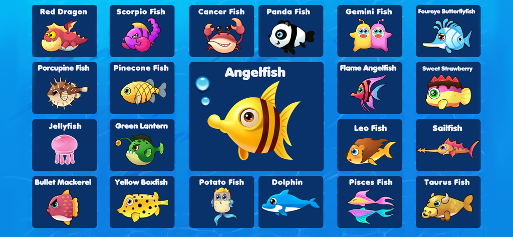 A colorful grid featuring various cartoon fish and magical creatures from the Magic Aquarium game