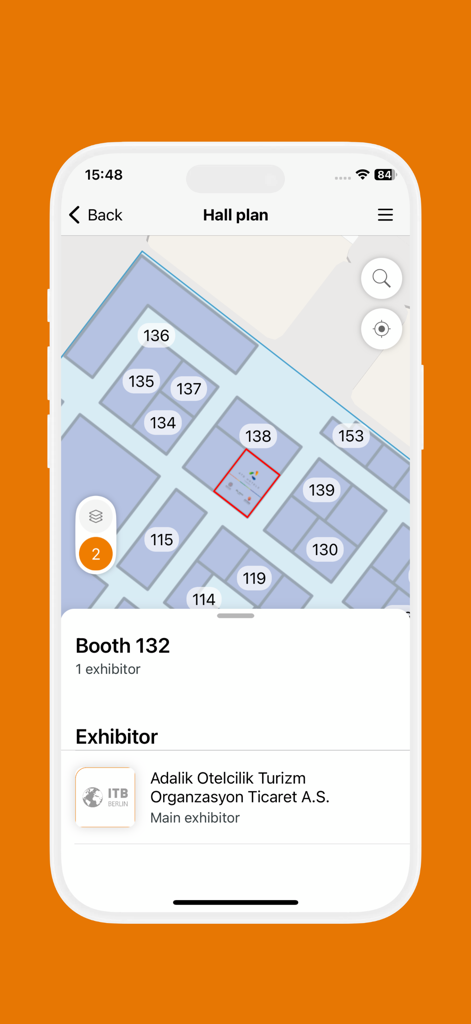 ITB Berlin - Interactive hall plan in the ITB Berlin app displaying booth numbers and exhibitor information