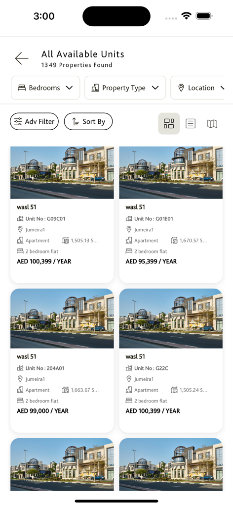 Wasl: Buy & Rent in Dubai - A mobile interface showing real estate listings for rent in Dubai including price and location details