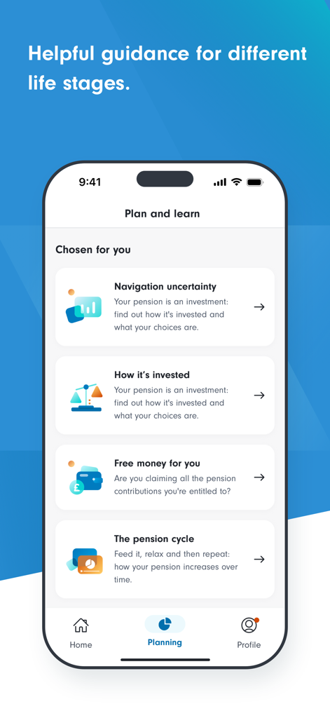Fidelity PlanViewer app interface displaying personalized retirement planning tools and educational guidance for different life stages.
