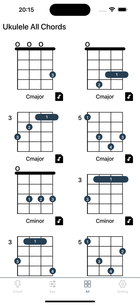 Ukulele Chord Master - Pantalla de la aplicación Maestro de Acordes de Ukelele mostrando múltiples diagramas de digitación para acordes de Do mayor y Do menor.